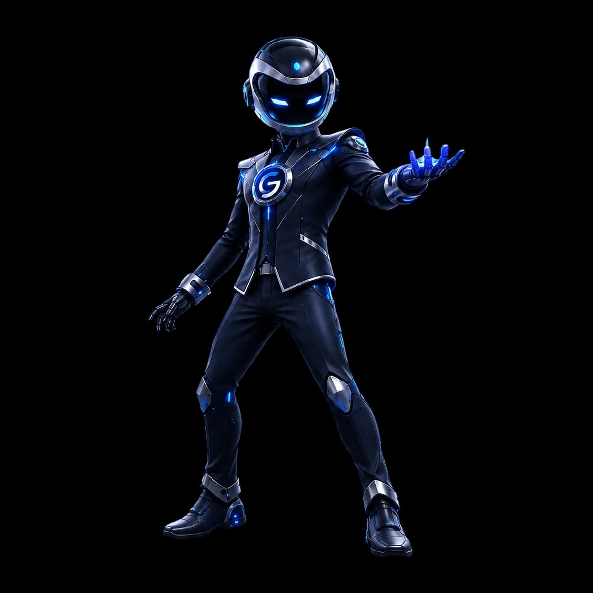 Axiro, Galaxiro's mascot, activating a burst of glowing data fragments