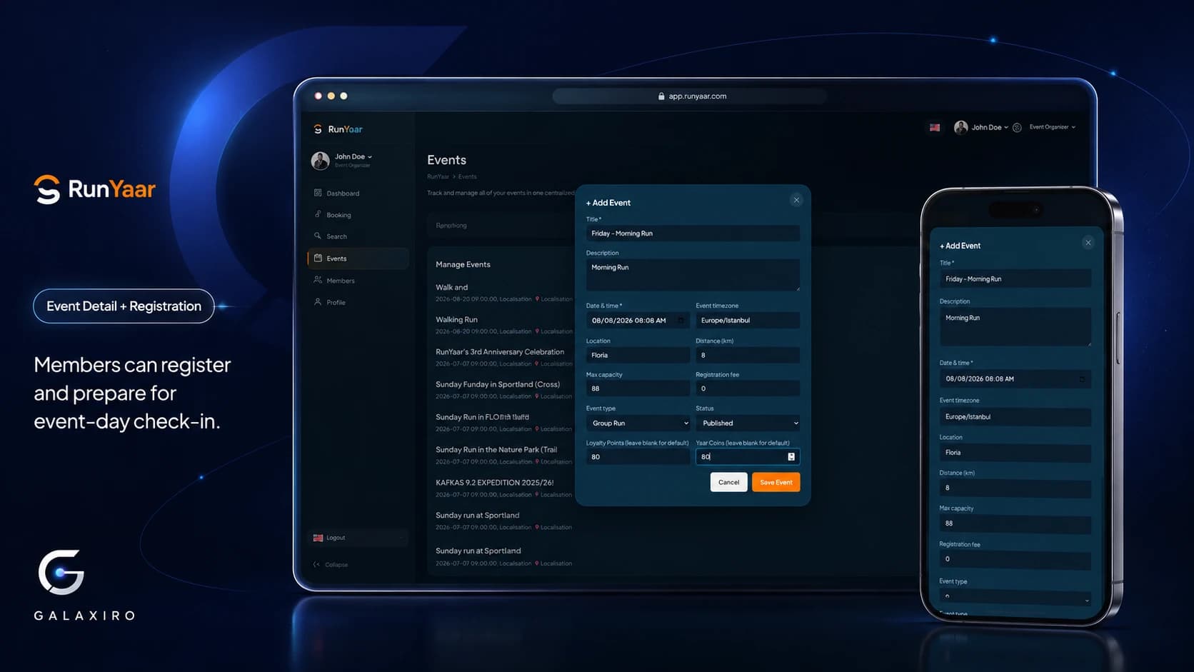 RunYaar event detail page with registration workflow.