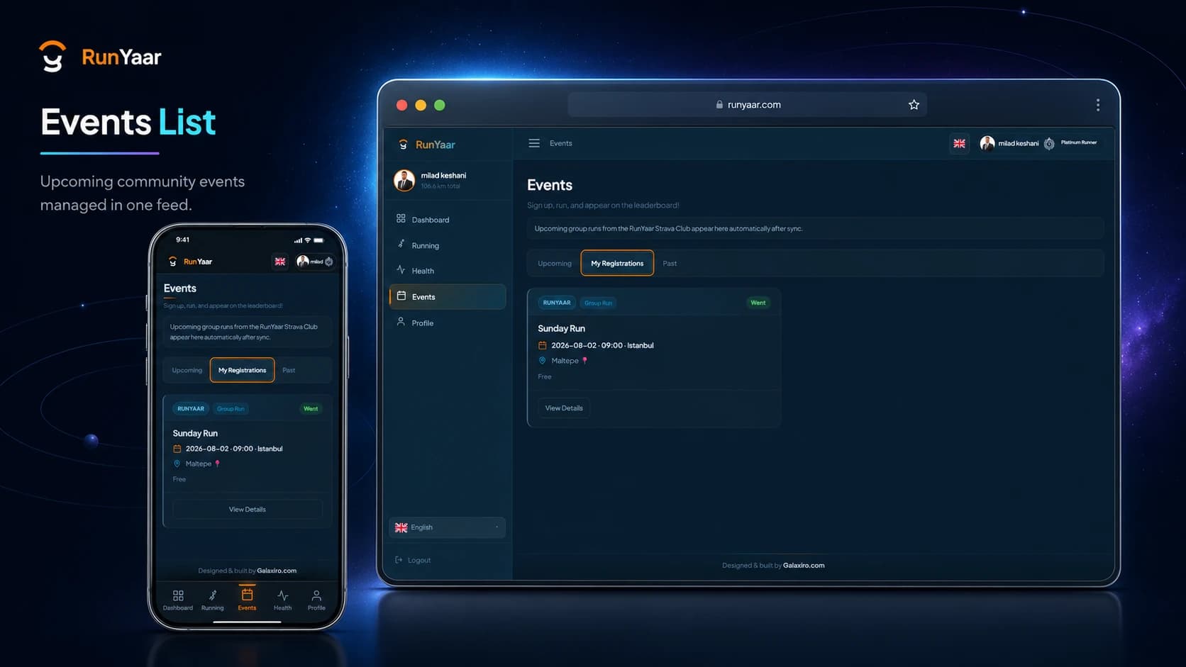 RunYaar Events list showing upcoming community runs.