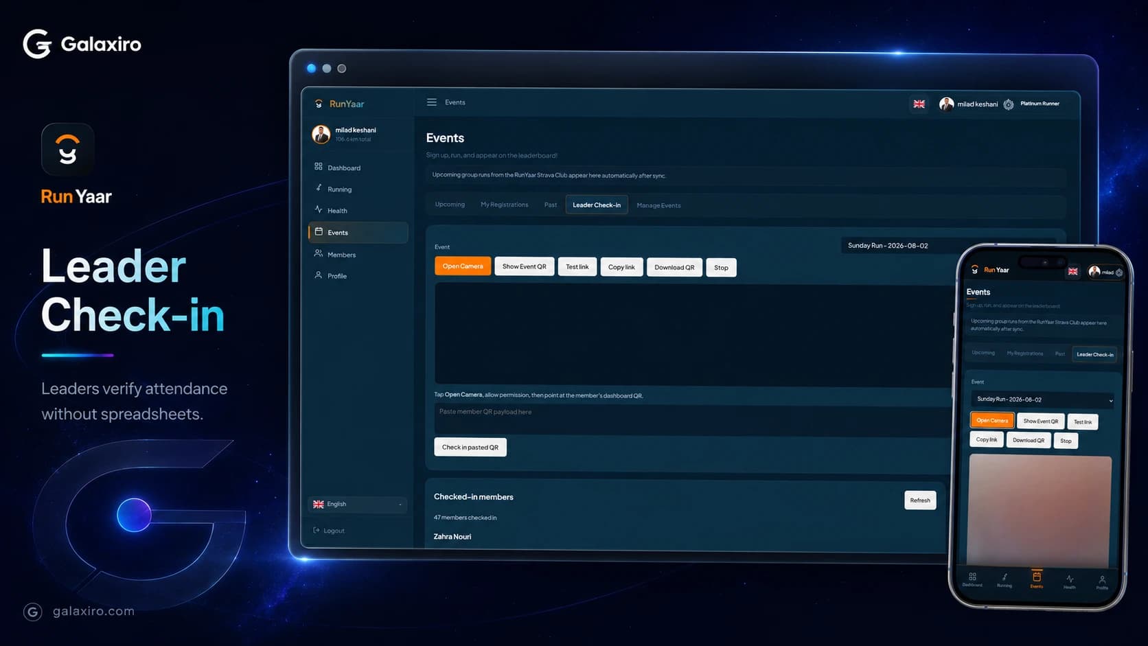 RunYaar leader check-in interface for attendance verification.