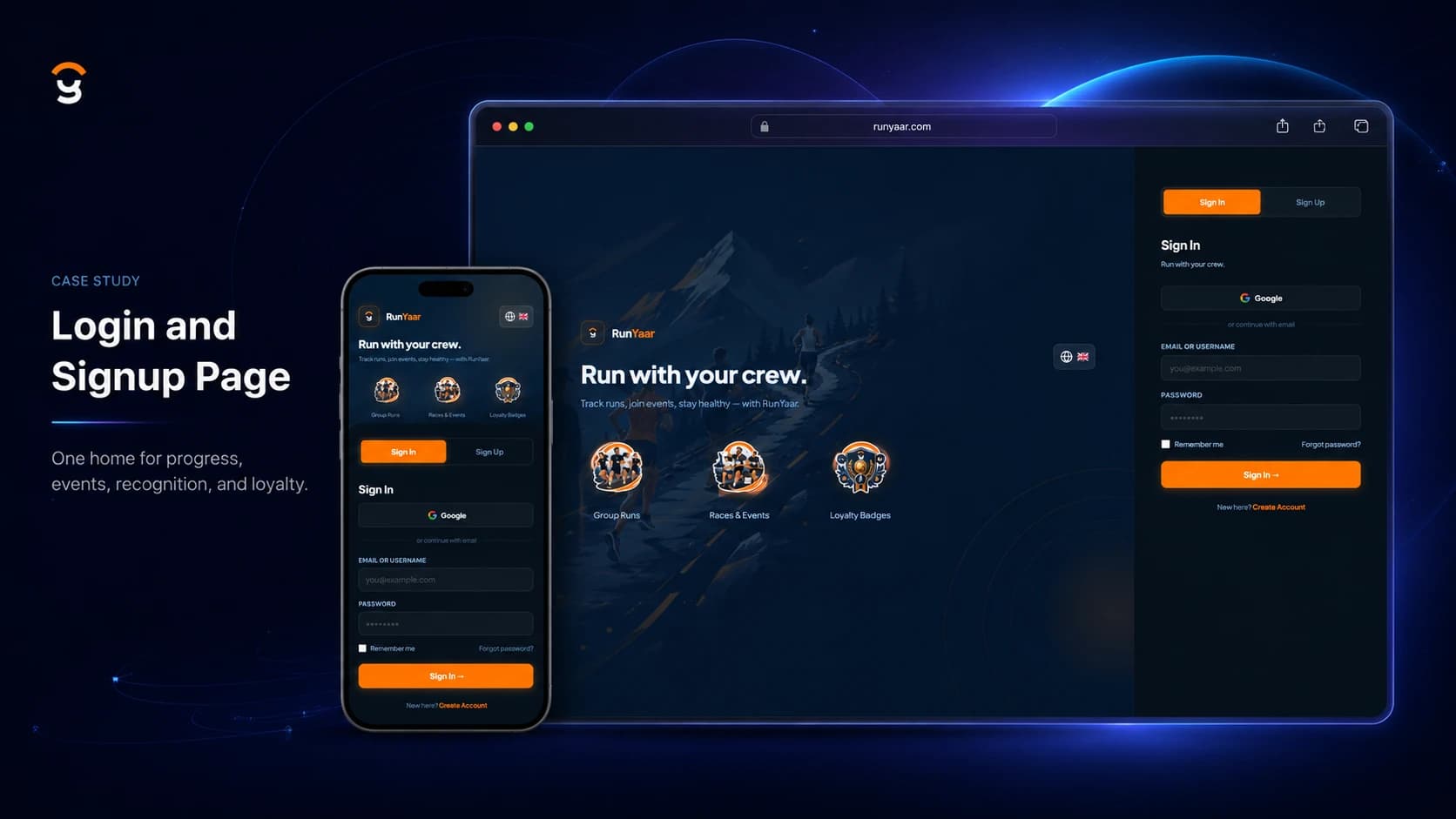 RunYaar login and sign-up screen for member access.