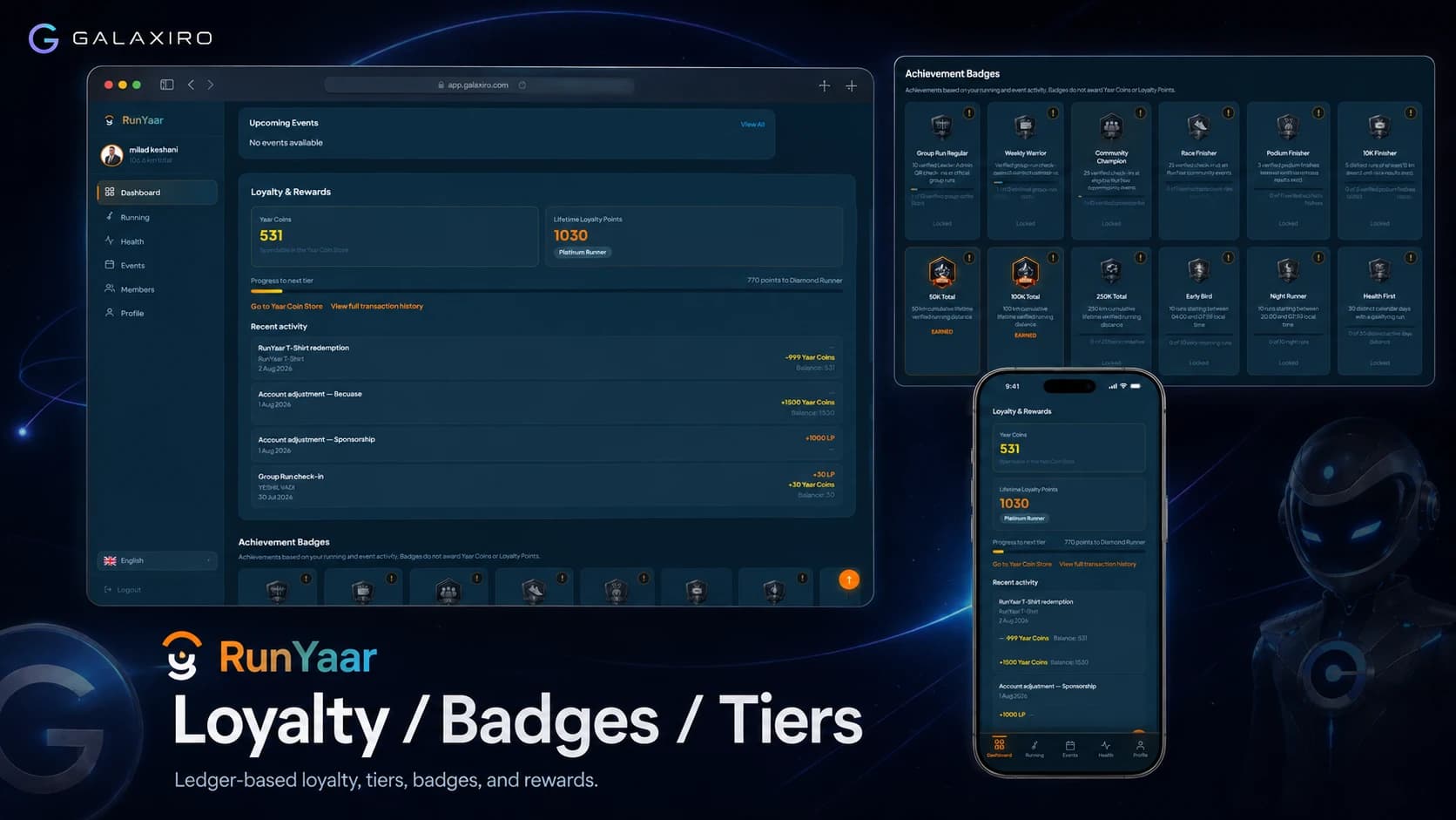 RunYaar loyalty system with points, coins, badges, and tiers.