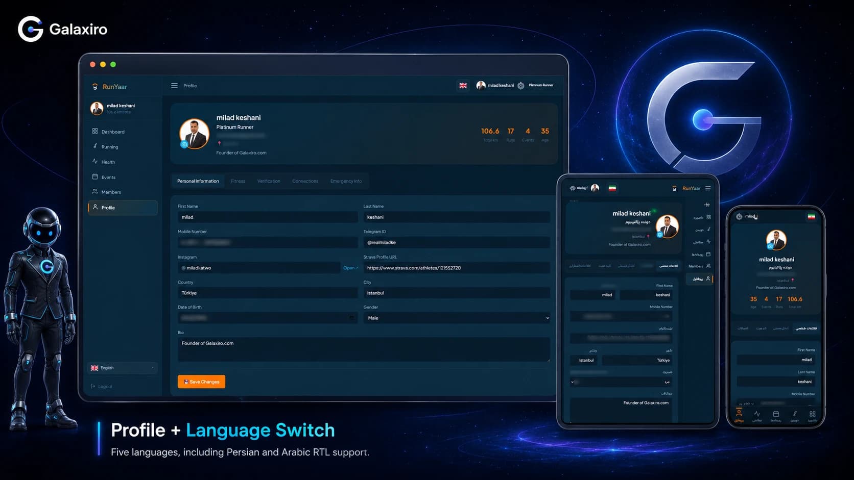 RunYaar multilingual or RTL member interface.
