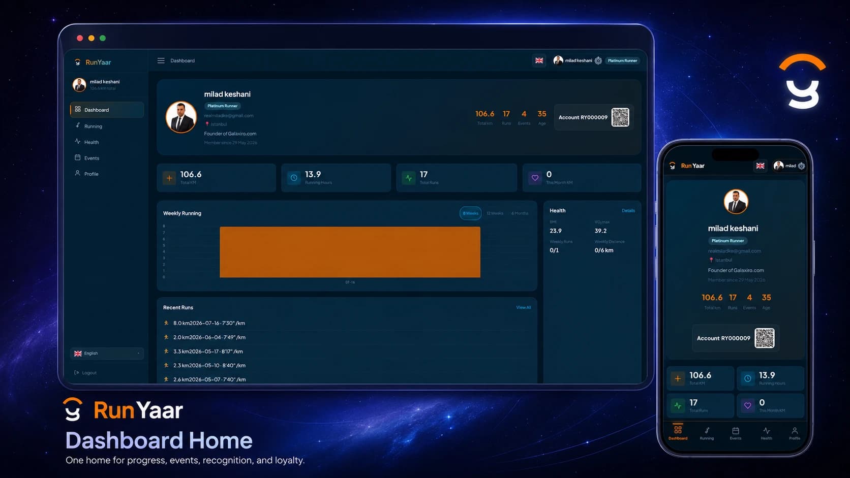RunYaar dashboard showing member progress, events, recognition, and loyalty.